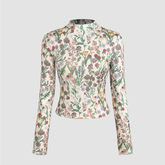 Cider Tops - Cider Floral Mock Neck Long Sleeve Top in Cream Green Pink